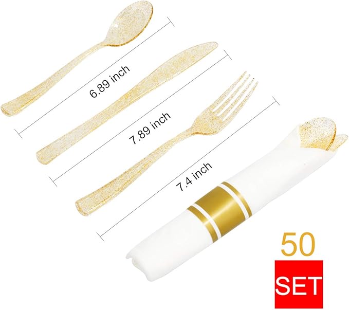 DaYammi 350 Pieces Gold Glitter Dinnerware Set 50 Guest for Party Thanksgiving Plates Disposable - 50 Dinner Plates, 50 Dessert Platos -50 Per Rolled Napkins with Gold Cutlery -50 Disposable Cups 9 OZ