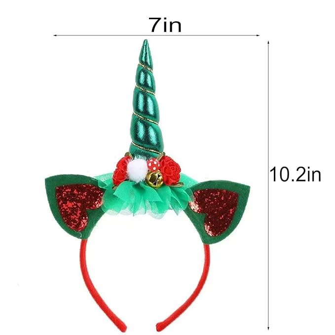 Christmas Unicorn Headband for Women - Festive Green Glitter Unicorn Ear Hairband, Cute Holiday Party Headwear for Xmas, New Year, Costume, Photo Props, Family Accessories