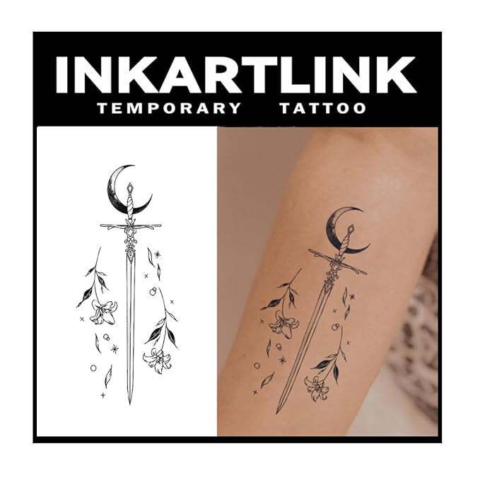 INKARTLINK Tattoo Tech, 2 Sheets Medium Semi Permanent Tattoo, Adult Art Design Temporary Tattoos, Lasts 1-2 Weeks, Waterproof, Realistic Look (Floral Language Series: Moonlight Sword Design)