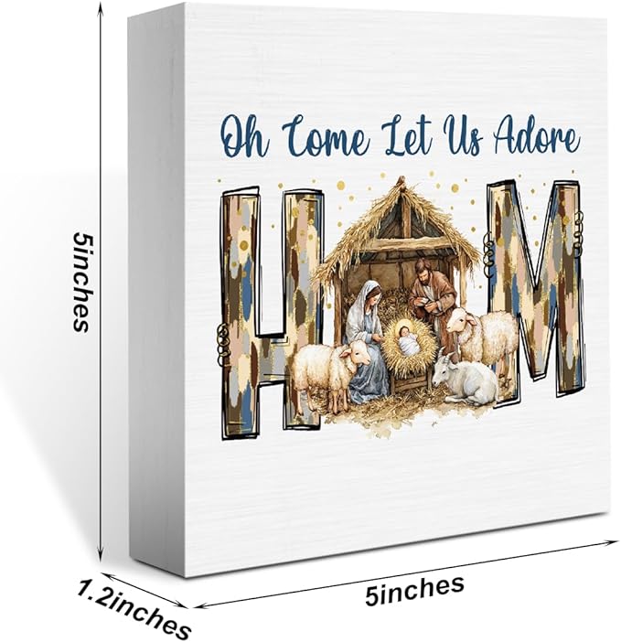 Oh Come Let Us Adore Him Sign Christian Christmas Decorations Religious Bible Gifts for Women Men Baptism Decorations for Home Desk Table Shelf 5 X 5 Inch