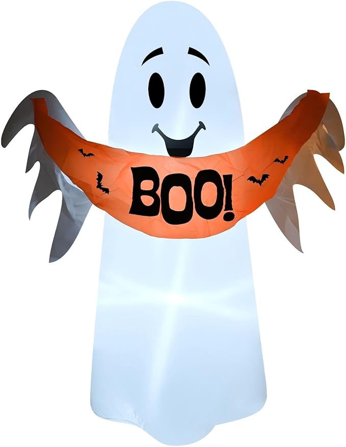 4FT White Ghost Holding a Boo Banner Halloween Inflatable Decoration Blow up Decor with LED Lights Indoor Outdoor Yard Graden Party Holiday Decor