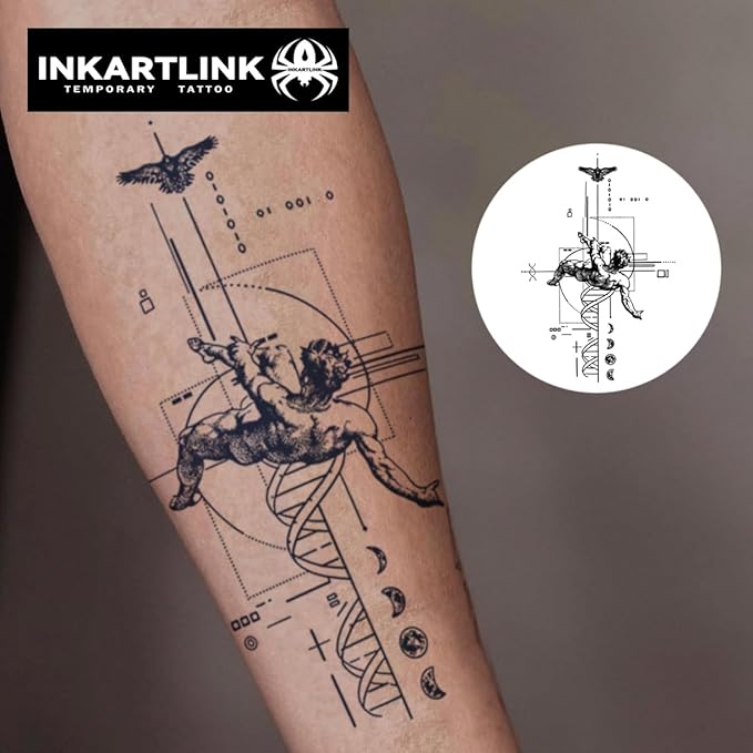 INKARTLINK Semi Permanent Tattoo, Temporary Tattoo,geometric pattern, gift for cool boys, adult art design, party favor, waterproof, realistic, no adhesive, no reflective (Fallen Angel)
