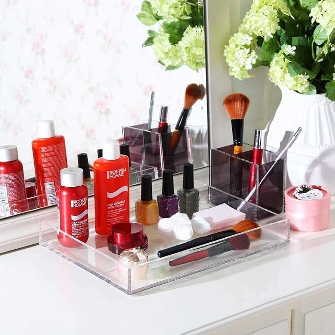 Waterproof Acrylic Serving Tray, Sturdy Thick Nightstand Dresser or Bathroom Vanity Tray Organizer for Change, Coin, Key, Phone, Glasses, Clear Acrylic Storage Valet Organizer