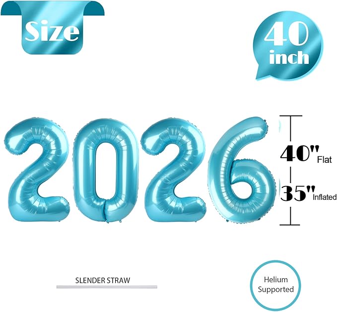 2026 Balloon Numbers - 40 Inch Pearlescent Blue New Years Eve Party Supplies 2026, Nye Decor Party Decorations Happy New Year, New Years Eve Foil Party Balloons