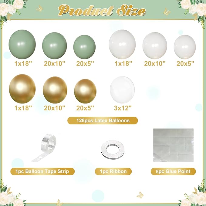 Sage Green Balloon Arch Kit 126 Pcs Neutral Green and White Metallic Gold Balloon Arch Garland Kit for Wedding Birthday Baby Shower Gender Reveal Bridal Decorations