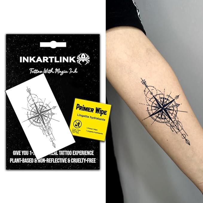INKARTLINK Semi Permanent Tattoo, Temporary Tattoo, cool boy's gift, adult art design, party gift, waterproof, realistic, no adhesive, no reflective (Commander and Astrolabe)