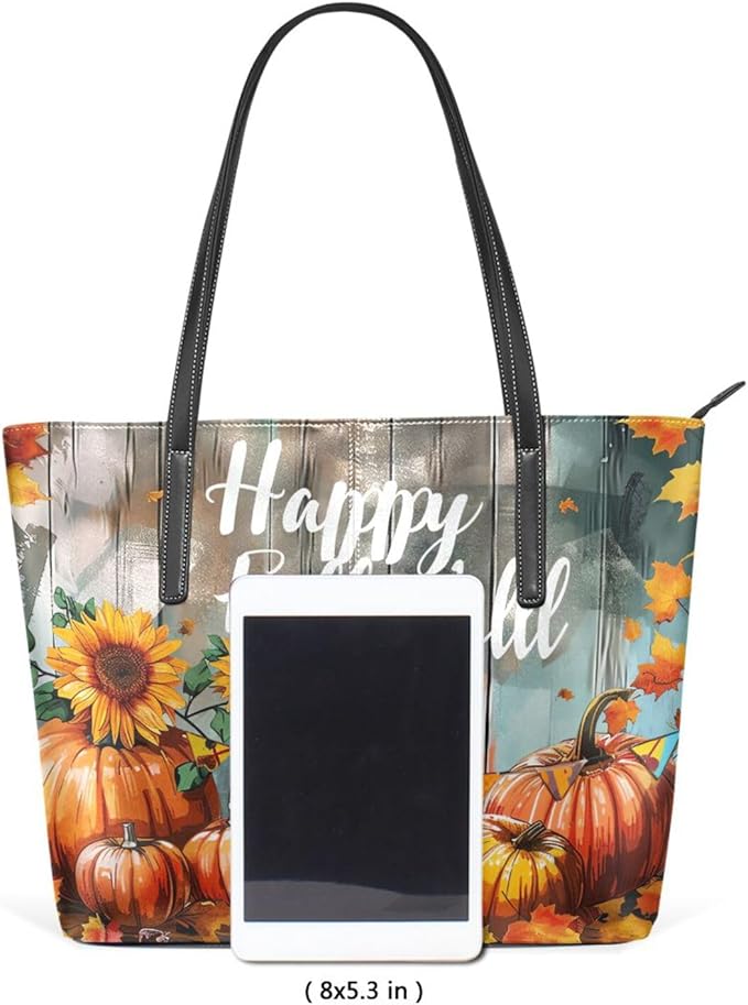 Harvest Pumpkins Fall Thanksgiving PU Leather Tote Bag for Women – Top Handle, Waterproof, Large Capacity Shoulder Bag for Travel Work Shopping