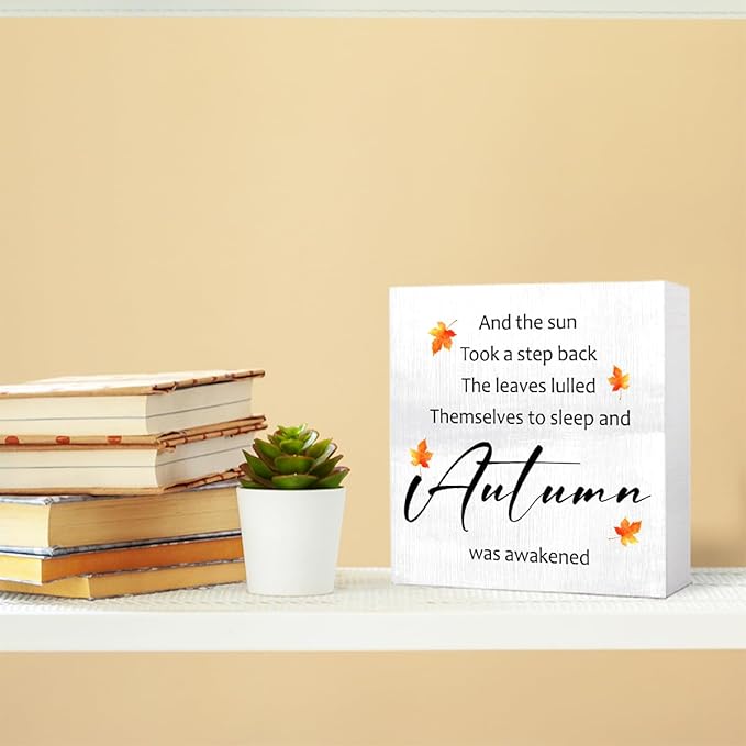 Funny Autumn Wood Box Sign Autumn is Awakened Wooden Block Desk Decor for Home Office Kitchen Cubicle Table Shelf Tabletop,Farmhouse Fall Sign Decor