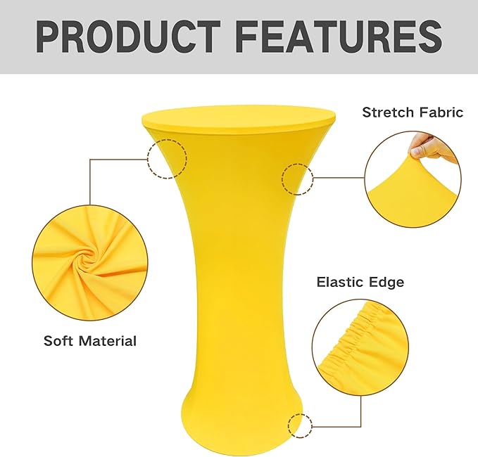 2PCS 24x43 Inch Round Fitted Cocktail Table Cover Yellow Spandex Cocktail Table Cloth Highboy Fitted Tablecloth High Top Table Cloths for Party Pub Banquet Bistro