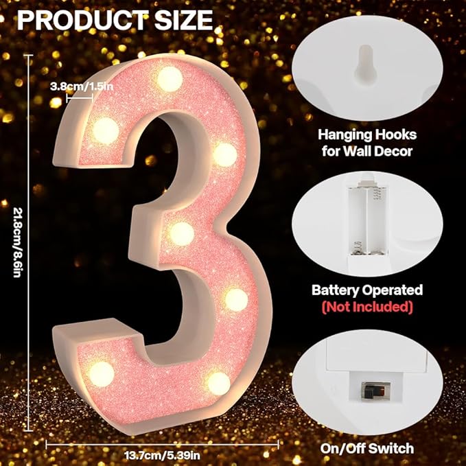 Marquee Numbers Light up Numbers, 0-9 Number Battery Powered LED Light, Pink Glitter Plastic Numbers for 3rd Birthday Decorations, Number Decor for Graduation Engagement Wedding Birthday (Number 3)