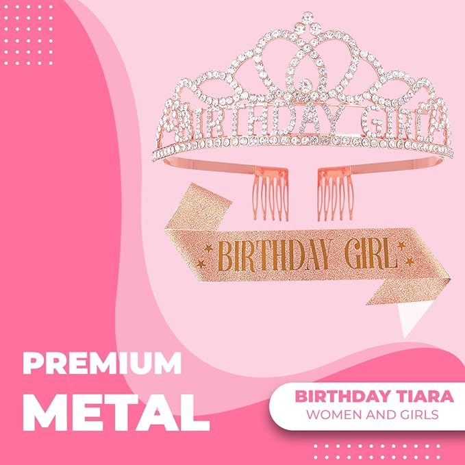 Birthday Tiara and Crown with Sash for Women, Hair Accessories for Wedding Party Costume (A1 - Rose)