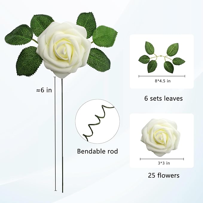 JOYLEX Artificial Flowers Realistic Roses, 25pcs Real Looking Fake Roses with Stem for DIY Wedding Bouquets Centerpieces Bridal Shower Party Home Romantic Decorations (25pcs, Milk White)
