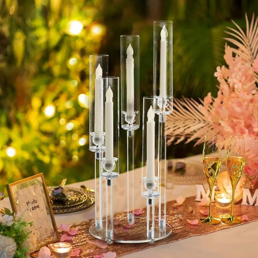 20PCS Acrylic Candlestick Holder for Table Centerpiece, 5 Arm Clear Candelabra Wedding Centerpiece with Removable Lampshade for Brithday Party Easter Living Room Fireplace Decor fit 0.8 led Candle