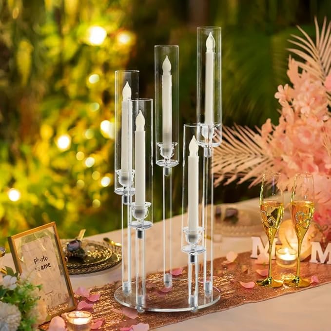 10Pcs Acrylic Candelabra Centerpieces for Wedding,5 Arm Clear Candelabra Table Centerpiece Acrylic Candle Stick Holders with Removable Lampshade for Party Easter Fireplace Decor Fit 0.8 LED Candle