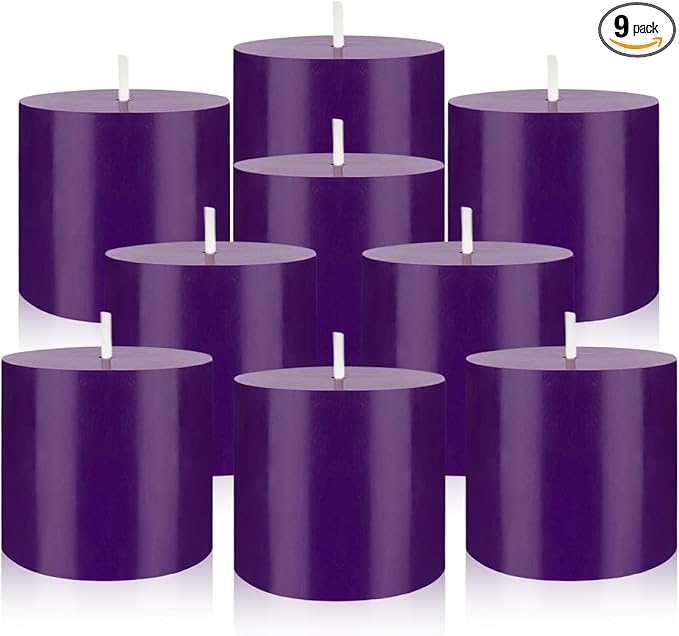 9 Packs Unscented Purple Votive Candles, Small 1.5 Inch by 1.25 Inch Colored Wax Candles for Wedding, Home Party Table Decoration - 8 Hours Burn Time