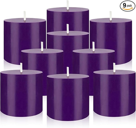 9 Packs Unscented Purple Votive Candles, Small 1.5 Inch by 1.25 Inch Colored Wax Candles for Wedding, Home Party Table Decoration - 8 Hours Burn Time