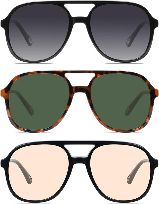 YDAOWKN Retro Square Aviator Sunglasses for Womens Mens Vintage 70s Double Bridge Sun Glasses