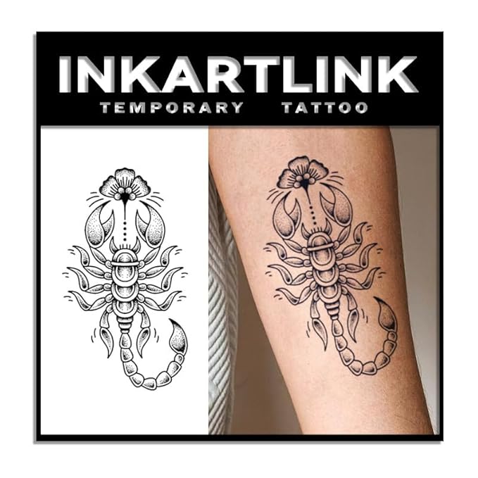 INKARTLINK Tattoo Tech, 2 Sheets Medium Semi Permanent Tattoo, Adult Art Design Temporary Tattoos, Lasts 1-2 Weeks, Waterproof, Realistic Look, No Reflection (Scorpion with Floral Accent)