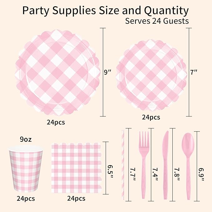 192 PCS Gingham Party Supplies Serve 24 Guests Gingham Plates and Napkins and Cups for Birthday Decorations Baby Shower Checkered Party Supplies Dinnerware Sets for Girl Boy Light Pink White