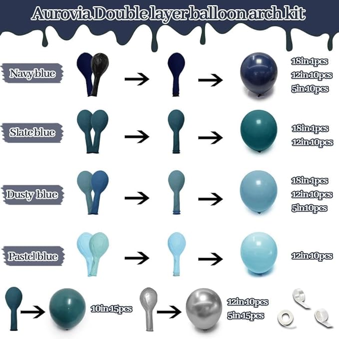 Navy Blue Silver Balloon Garland, Double Stuffed Dark Dusty Slate Blue Balloon Arch Kit for Birthday Baby Bridal Shower Wedding Anniversary Party Decorations