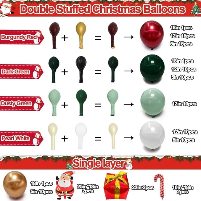 Christmas Balloon Arch Kit Double Stuffed Dark Green Red White Balloon Emerald Green Gold Burgundy Garland Pearl White Latex for Birthday Wedding Festival Christmas Party Decorations