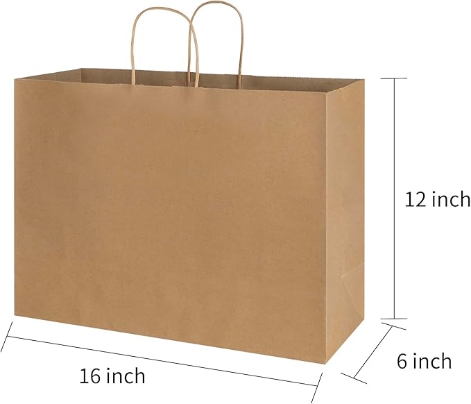 bagmad 100 Pack 16x6x12 Inches Large Plain Natural Brown Kraft Paper Bags with Handles Bulk for Shopping Wedding Grocery Retail Merchandise Business Craft Gift Bags(100 Count)
