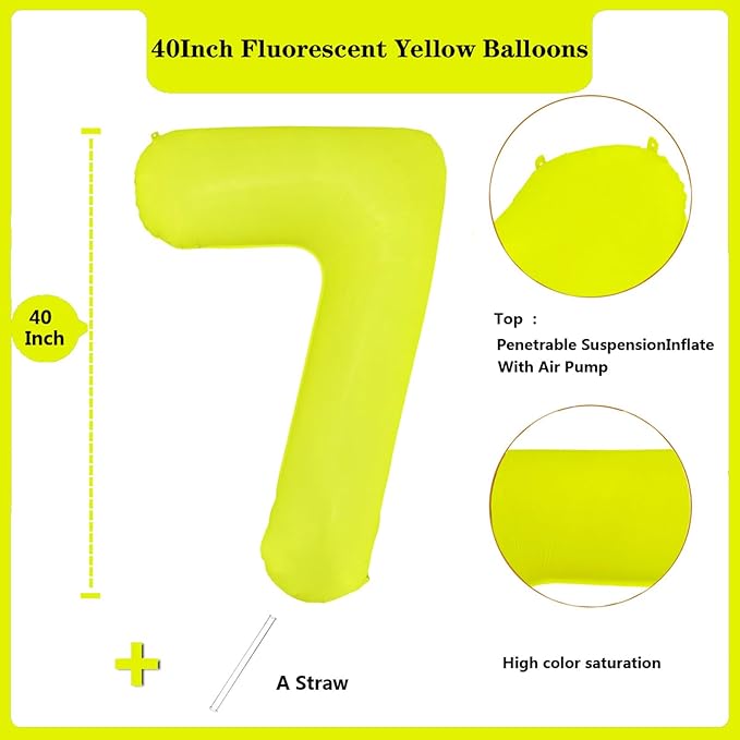 Fluorescent Yellow Number Balloon 40 inch Giant Foil Helium Balloons Yellow Number 7 Balloon for 7th Birthday Party Decorations