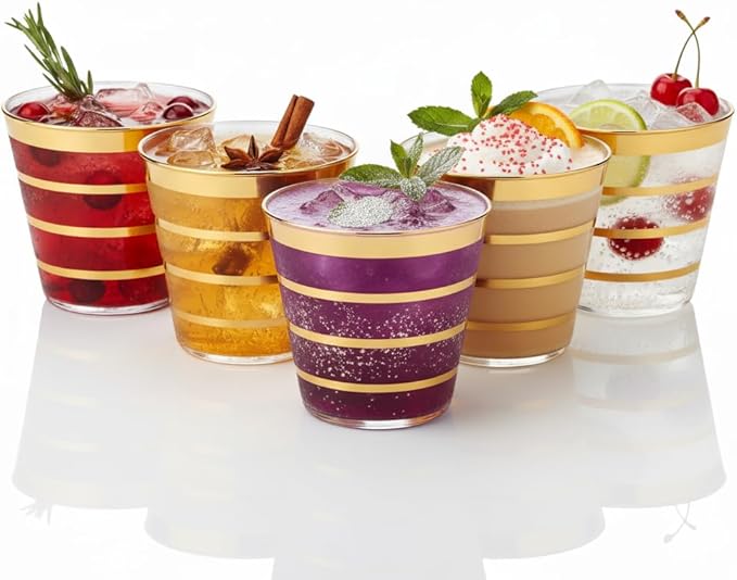 Perfect Settings 110 Gold 4 Line Clear Plastic Cups 9oz - Holiday Wedding Party Elegant Trimmed Disposable Cups, 4 Line Gold Party Cups
