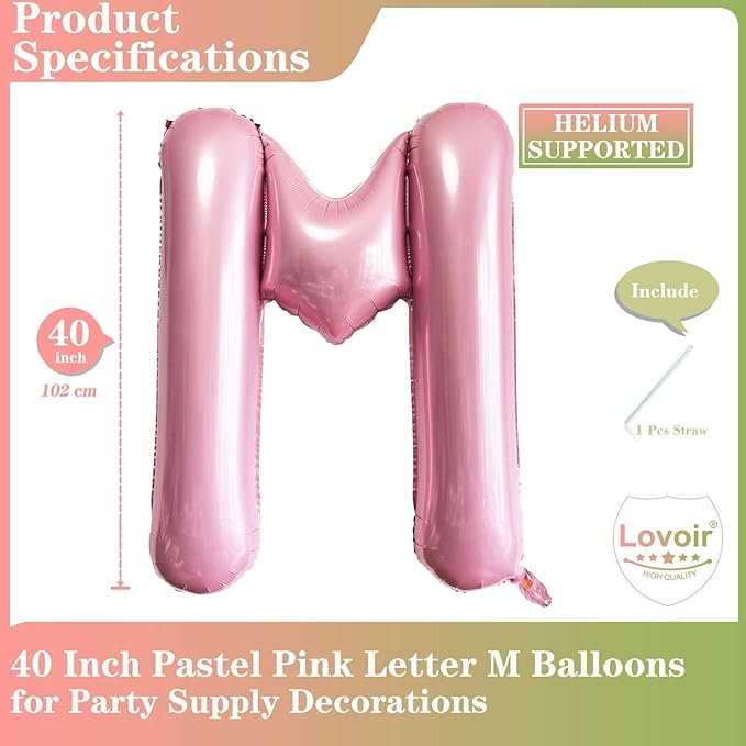 Pink Letter M Balloons, 40 Inch Pastel Pink Letter Balloons M Foil Mylar Helium Pink Letter Balloons for Birthday Party Supplies Anniversary Event Celebration Decorations Alphabet Pink M