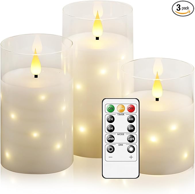 Real Wax Flameless Candles Glass,Battery Operated LED Candles with Flickering Flame,Glass Shell,Interior Star Light Decoration Set of 3 White (D3×H 4" 5" 6") for Home Decor,Holiday Decoration