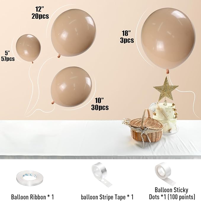 Nude Balloons Double Stuffed, Different Sizes Tan Brown Balloon Garland Arch Kit, 18 12 10 5inch Beige Neutral Apricot Latex Helium Balloons for Teddy Bear Birthday Boho Baby Shower Party Decorations