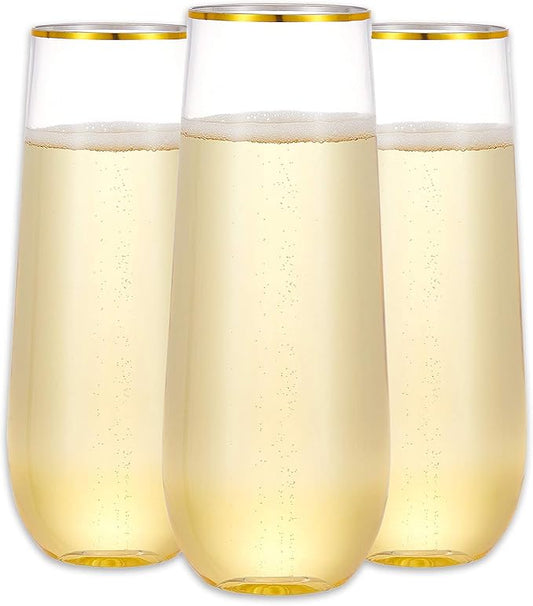 N9R 12PCS Plastic Champagne Flutes, 9 oz Stemless Disposable Gold Rim Toasting Glasses, Crystal Clear Cocktail Cups Drinkware Shatterproof Ideal for Party Wedding Birthday