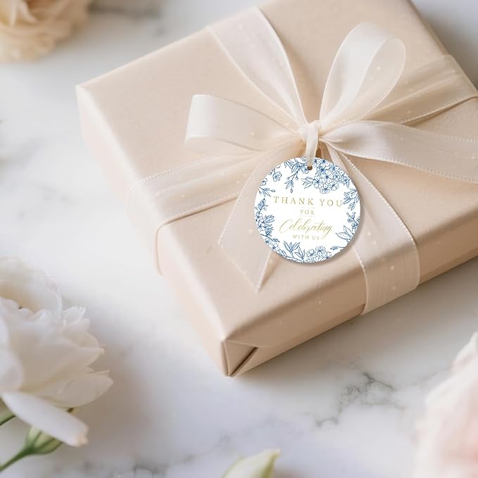 50PCS Thank You Gift Tags, 2x2 inch Blue Floral Personalized Gift Tags with String for Wedding Birthdays Party Favors Baby Shower Bridal Shower