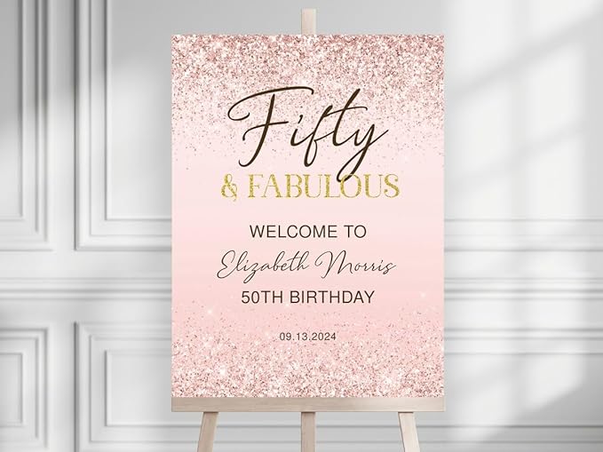 50th Birthday Welcome Sign Printable Rose Gold Fifty and Fabulous Dinner Party Women, customized birthday yard signs, birthday decorations, birthday Sign