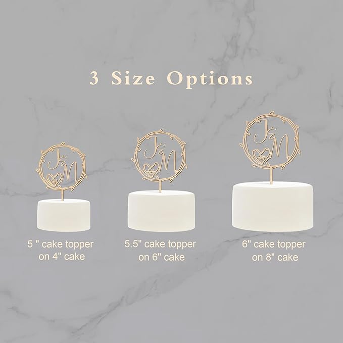 Wedding Cake Topper Personalized Bride and Groom's Initials and date Custom Cake Decoration Leaf Wreath in Wood