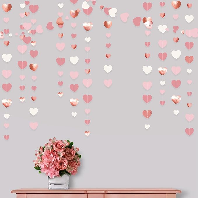 Rose Gold Party Decorations Dusty Pink Heart Garland Blush Pink Hanging Paper Streamer for Valentines Day Bridal Shower Birthday Anniversary Baby Shower Engagement Bachelorette Wedding Party Supplies