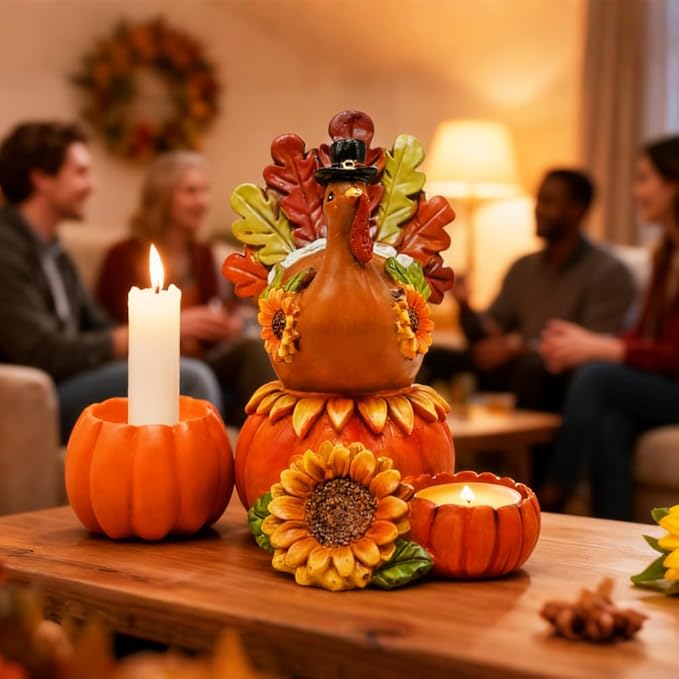 Thanksgiving Turkey Candle Holders, Table Centerpiece Decor for Thanksgiving, Resin Turkey with Pumpkin Fall Home Decor for Harvest Party Supplies