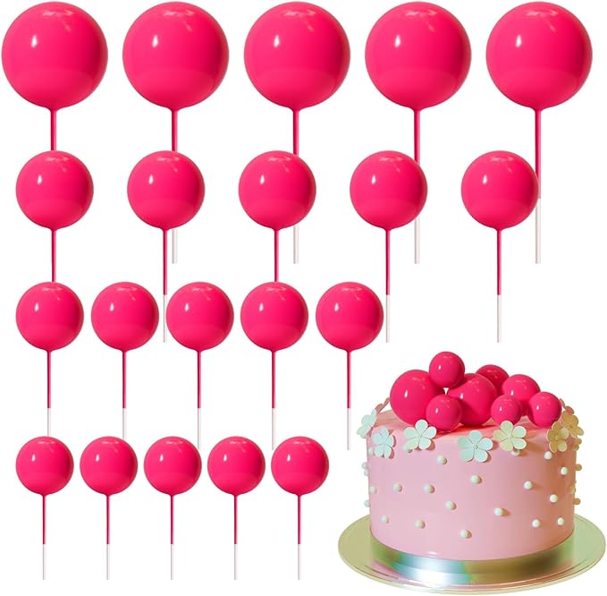 ASTARON 20 Pcs Ball Cake Topper Decorations Mini Balloons Cake Topper Sticks Hot Pink Balls Cake Picks Cake Topper Balls Cake Decorations for Wedding Birthday Cake Decorations