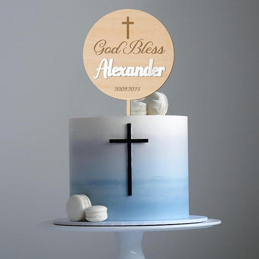 Personalized Baptism Cake Topper 3D Wood & Acrylic Custom Name & Date God Bless Cake Topper Decoration (Design 02)