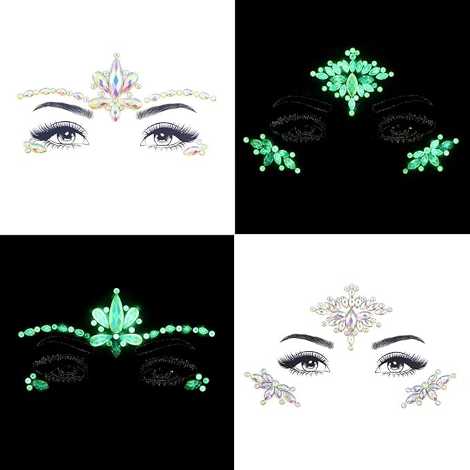 Noctilucent Face Gems Luminous makeup Temporary Tattoo Stickers Acrylic Crystal Glitter Stickers Face Jewels Rainbow Tears Rhinestone for Party, Rave Festival, Dress-up of ZLXIN(8 Pcs A Set)