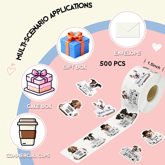 500 pcs Dog Thank You Stickers roll,Suitable for Corporate Product Packaging, pet Supplies, Gift Embellishments, Greeting Cards, and Waterproof Adhesive Labels for Sealing envelopes.