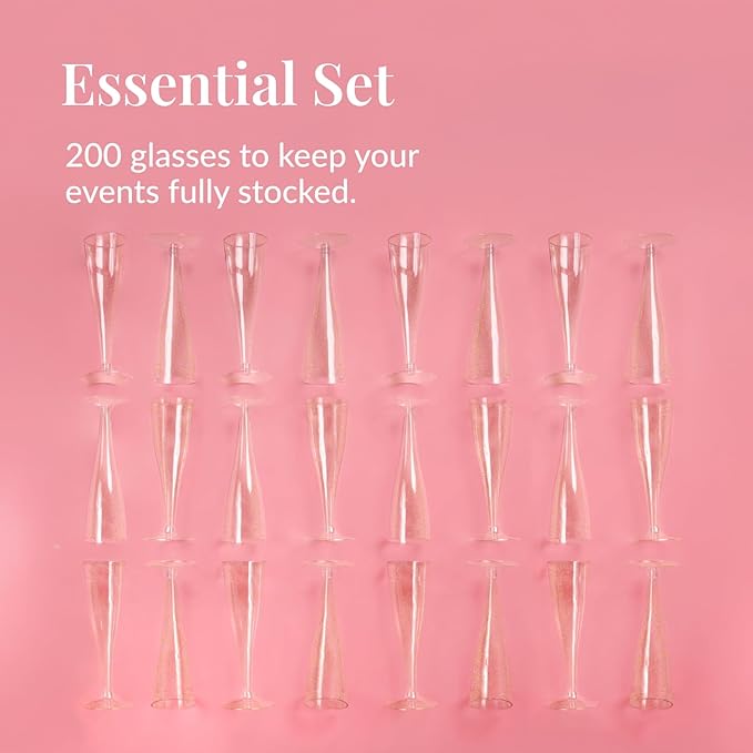 Prestee 200 Disposable Champagne Flutes Gold Glitter Glasses - 4.5 Oz Plastic Champagne Cups for Parties, Wedding Toasts, Mimosa Bar, and New Year’s Eve - Elegant Bulk Gold Plastic Wine Flutes