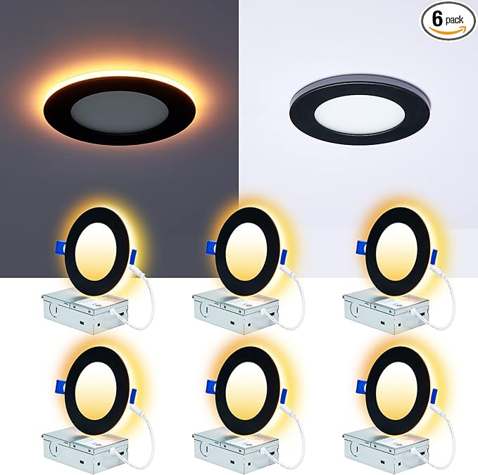 CycevSun 6 Pack Black Recessed Lights 4 Inch with Night Light, Canless Ultra Thin Wafer Downlight Pot Outdoor Exterior Soffit Lighting, Dimmable & 5 Color Selectable, 9W, ETL & Energy Star