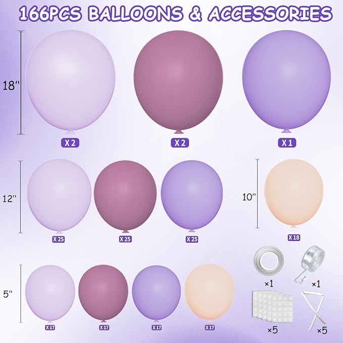 Dusty Purple Balloon Garland Kit, 166Pcs Pastel Lavender and Macaron Orange Balloons for Girls Women Princess Wedding Baby Shower Birthday Party Decorations Supplies