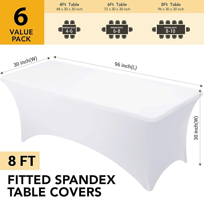 6-Pack Premium White Spandex Tablecloths for 8ft Rectangle Tables, Stain & Wrinkle-Resistant, Washable Stretch Polyester Fitted Table Cover for Weddings, Banquets, Trade Shows Events