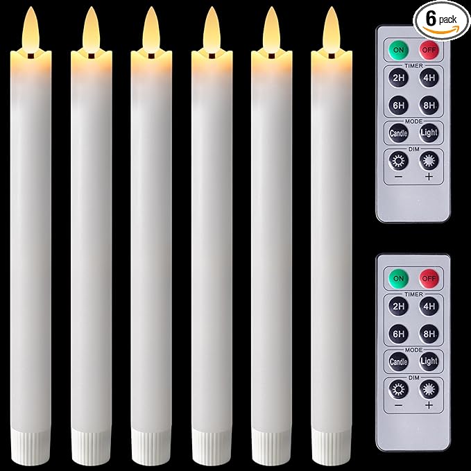 Homemory Waxy Flameless Taper Candles with Remote Timer Dimmer, Battery Operated Candlesticks Flickering, LED Window Candles Realistic, 9.6 Inches for Christmas Wedding Indoor Decor, White, 6 Pcs