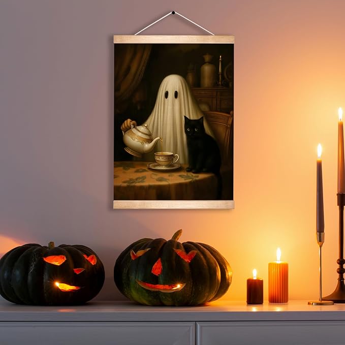 Rustic Ghost and Black Cat Wall Art 18.5x14 Inch,Fun Ghost Linen Canvas Wall Hanging Poster Decor, Retro Gothic Haunted House Theme Wall Poster for Library Reading Corner,Halloween Decorations (BLK04)