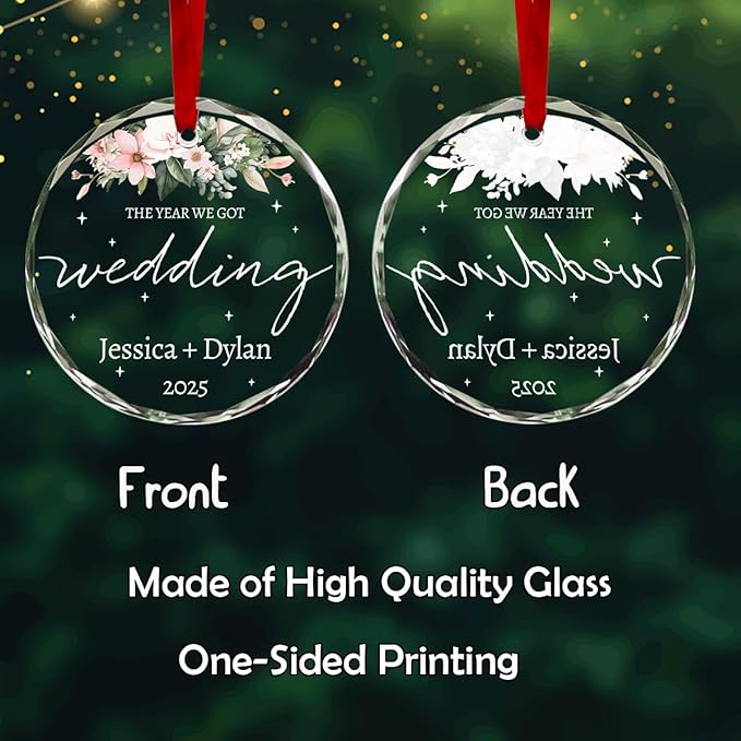 Personalized Round Christmas Crystal Glass Ornaments Custom 2025 Wedding Ornament for Christmas Tree Decorations Customized Tree Hanging Gifts for Lover Couple