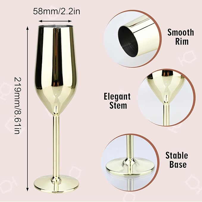 TJ Unbreakable 8 Oz Stainless Steel Champagne Flutes (4 Pack)- Gold Champagne Glasses - Reusable Indoor Outdoor Drinkware - Keeps Drink Cool for Longer - Gift Idea