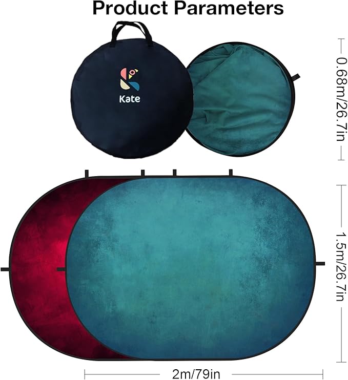 Kate Collapsible Backdrop Pop Up Backdrops Portable Red Cyan Photo Background, Video Conference, Portrait Photography, 5x6.5ft